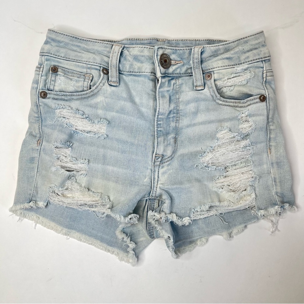 AMERICAN EAGLE Hi Rise Shortie Distressed Frayed Light Wash Denim Shorts